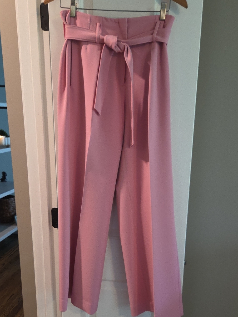 White House Black Market Pink High-Waist Wide-Leg Paperbag Pants with Tie